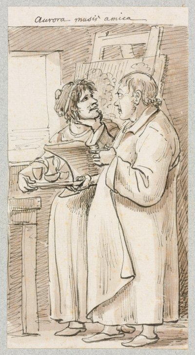 En ældre mand i lang nederdel og en kvinde, der står foran et malerstativ med et kaffesæt i hænderne af Johann Christian Reinhart