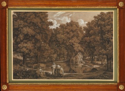 Arkadisk landskab med tre figurer ved en sø af Johann Christian Reinhart