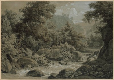 Bjerg- og skovlandskab, med en bæk i forgrunden af Johann Christian Reinhart