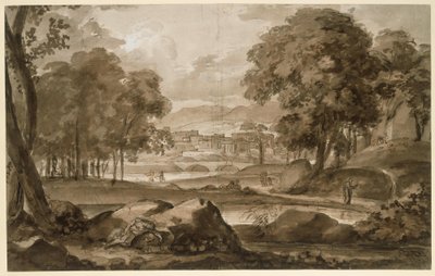 Stort skovlandskab med antik by og figurative dekorationer af Johann Christian Reinhart