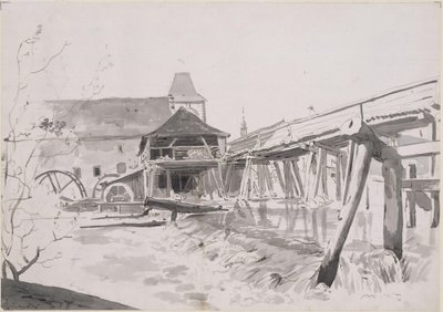 Træbro med stemmeværk og vandmølle af Johann Christian Reinhart