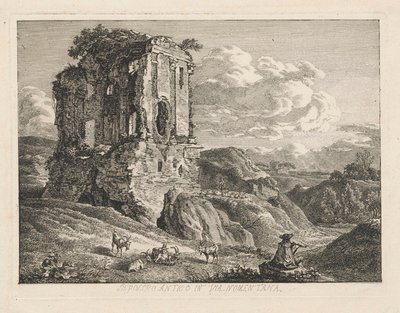 Et landskab med en antik grav; til højre ses geder og en hyrde, der spiller på en fløjte af Johann Christian Reinhart