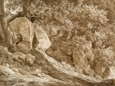 Klippelandskab med pan, der spiller på fløjten (I parken ved Villa Chigi, Ariccia) af Johann Christian Reinhart