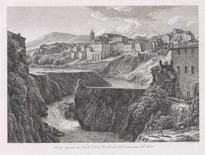 Ruiner forårsaget i Tivoli, af udvæksten af ​​Aniene (Tivoli beskadiget af floden Aniene-floden) af Johann Christian Reinhart