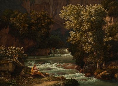 Udsigt over Ponte Lupo nær Tivoli med en person, der spiller lyre i forgrunden af Johann Christian Reinhart