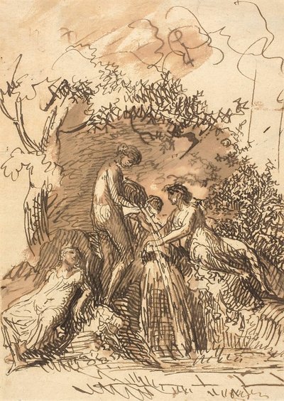 Unge piger ved et springvand (recto); Fragment af skitse af ben (verso) af Johann Christian Reinhart