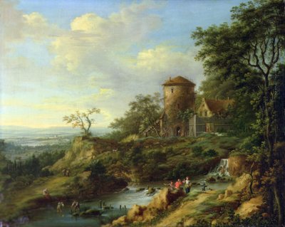 Rhinsk landskab med fiskere nær et tårn (olie på lærred) af Johann Christian Vollerdt or Vollaert