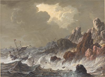 Stormkastede skibe forliste på en klippekyst. af Johann Christoph Dietzsch