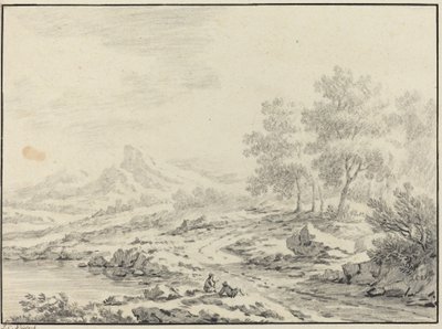 To mænd hviler i nærheden af en sø. af Johann Christoph Dietzsch
