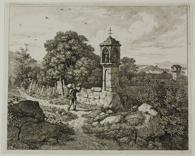 Farmer Greeting a Roadside Shrine of the Madonna, tallerken 1 fra The Two Large Landscapes with the Prayer Pillars af Johann Christoph Erhard