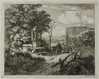 Træsamler med en dreng, tallerken to fra The Two Large Landscapes with the Prayer Pillars af Johann Christoph Erhard