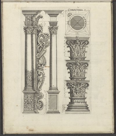 Kolonner og kapitæler i den korintiske orden Corinthia .I. (titel på objekt) Five Orders of Architecture (serietitel) af Johann Christoph Feinlein