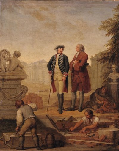Kong Frederik II af Preussen (1712-86) og markisen af Argens (1704-1771) inspicerer byggeriet af Sanssouci i Potsdam af Johann Christoph Frisch