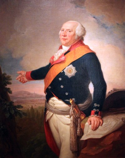 Portræt af kong Frederik Vilhelm II af Preussen (1744-1797) med en stjerne fra den preussiske orden Den Sorte Ørn, hans venstre hånd hviler på et kort over Frankfurt, et landskab med den preussiske hær i lejr uden for Frankfurt af Johann Christoph Frisch