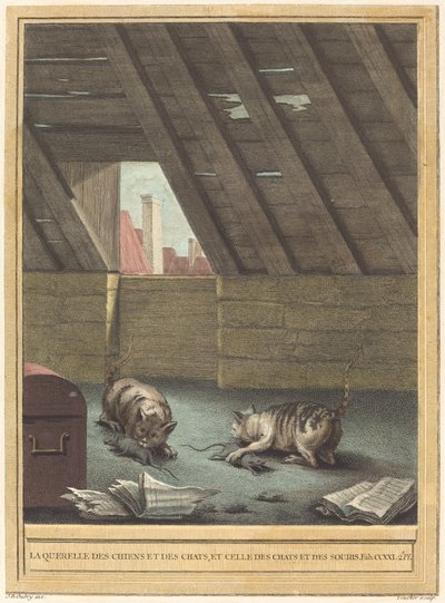 Katte- og hundes skænderi og katte og mus af Johann Christoph Teucher after Jean Baptiste Oudry