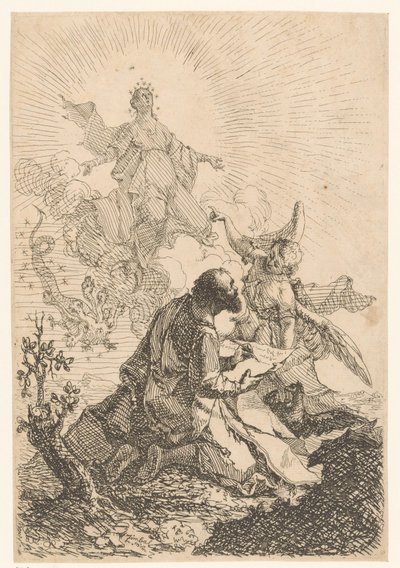 John har en vision på Patmos, hvor jomfruen dræber den syvhovedede drage af Johann Cimbal