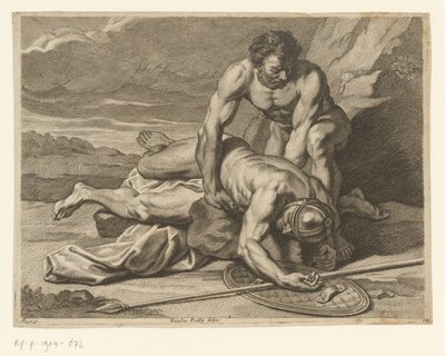 En mand tager liget af en romersk spydbærer i sine arme af Johann Conrad Reiff