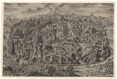 Oversigtskort i fugleperspektiv over Jerusalem med fremstillinger af Kristi lidenskab af Johann Daniel Herz (I)