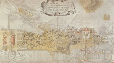 Plan over den fredericianske park Sanssouci i Potsdam, 1772 af Johann David Schleuen