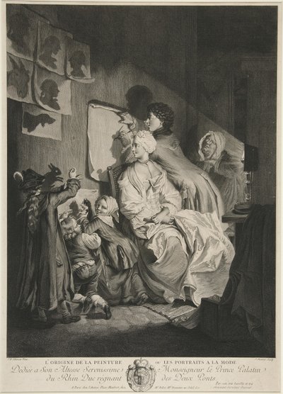 Oprindelsen af ​​maleri eller moderigtige portrætter; pub. 1767 af Johann Eleazar Schenau