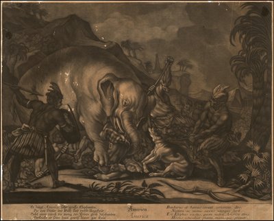 Ca. 1770 allegorisk mezzotinte af Amerika af Johann Elias Ridinger