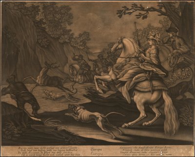Ca. 1770 allegorisk mezzotinte af Europa af Johann Elias Ridinger