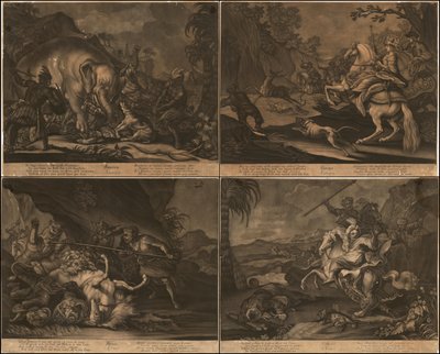 Ca. 1770 allegoriske mezzotinter af Afrika, Asien, Amerika og Europa på én side af Johann Elias Ridinger