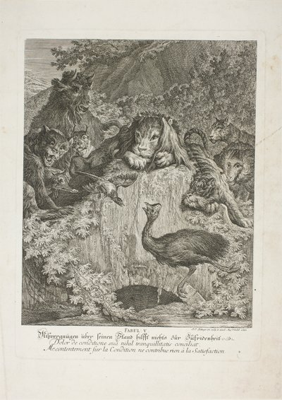 Fable V, plade fem fra Instructive Fables of the Realm of Theire af Johann Elias Ridinger
