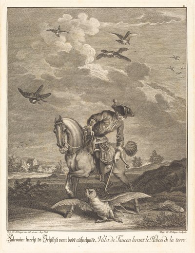 Falkoner løfter en ugle fra jorden af Johann Elias Ridinger