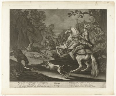 hjortejagt Europa (titel på objekt) af Johann Elias Ridinger