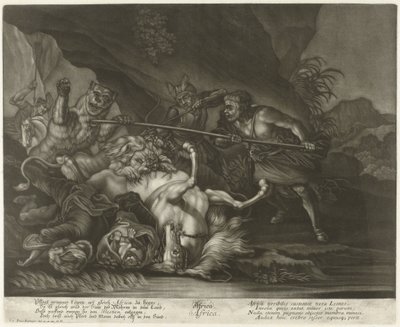 Løve- og bjørnejagt Afrika (titel på objekt) af Johann Elias Ridinger