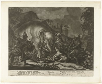 Elefantjagt Amerika (titel på objekt) af Johann Elias Ridinger