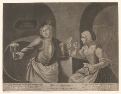 Mand og kvinde drikker øl og brandy Øl og Brandewein / Cerevisia et vinum sublimatum af Johann Elias Ridinger