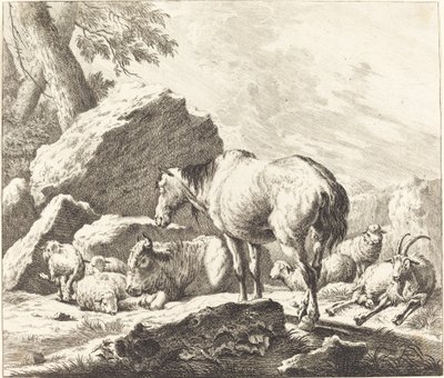 En hest, bøfler, får og ged i et italiensk landskab af Johann Elias Ridinger after Johann Heinrich Roos