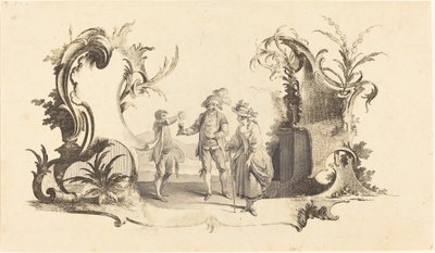 Cartouche Moderne med et ungt par, der serveres vin af Johann Esaias Nilson