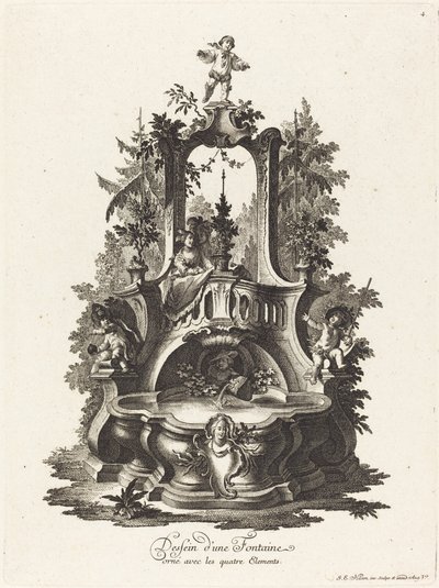 Design til et springvand dekoreret med de fire elementer af Johann Esaias Nilson