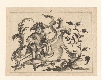 Piberygende mand læner sig op ad en rokoko-pynt Rygere på rokoko ornament (serietitel) af Johann Esaias Nilson