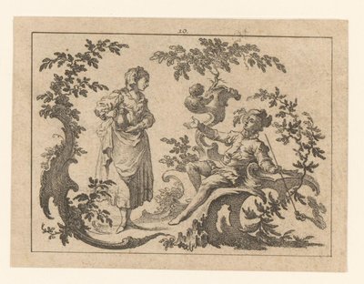 Piberygende siddende mand, ved siden af ​​ham en stående kvinde med en kande på et rokoko-pynt Rygere på rokoko ornament (serietitel) af Johann Esaias Nilson