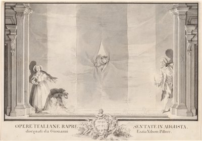 To skuespillere kigger gennem et teatergardin, mens andre forbereder lysene af Johann Esaias Nilson