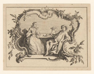 Kvinde og mand ryger pibe ved bordet i en cartouche Rygere på rokoko ornament (serietitel) af Johann Esaias Nilson