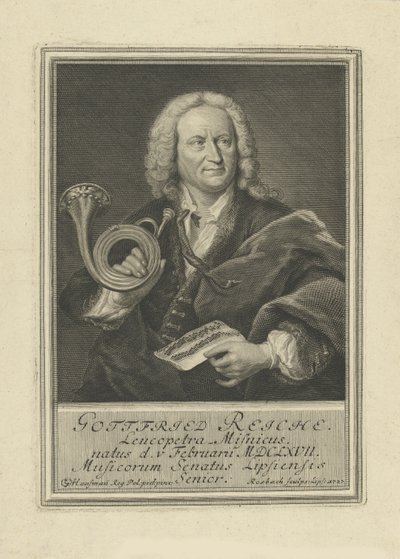 Portræt af trompetisten og komponisten Gottfried Reiche 1667-1734, 1727. af Johann Friedrich Rosbach