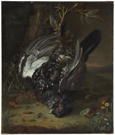 En sorthane i et skovklædt landskab, 1747 af Johann Friedrich von Grooth