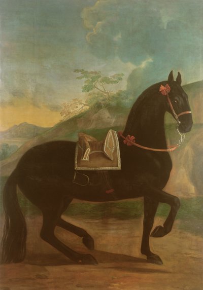 En sort hest med en spansk sadel af Johann Georg Hamilton