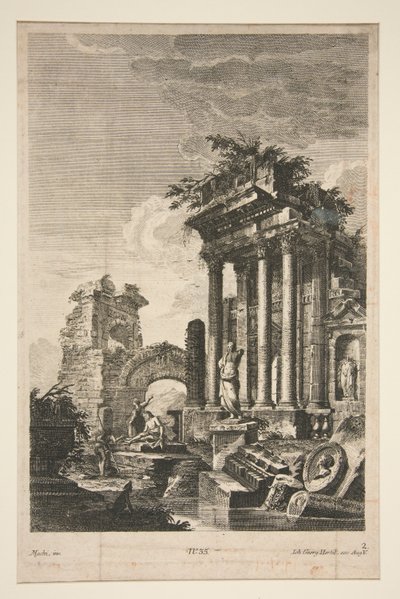 Capriccio med romerske ruiner af Johann Georg Hertel