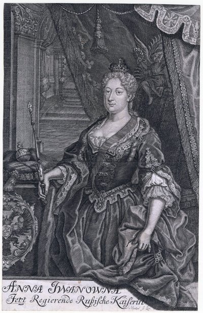 Anna Ivanovna var kejserinde af Rusland fra 30. januar 1730 til 29. oktober 1740. - Portræt af kejserinde Anna Ioannovna (1693-1740) - Mentzel (Menzel), Johann Georg (1677-1743) - 1733 - Kobberstik - 32,3x2. 6 -Privat indsamling af Johann Georg Menzel