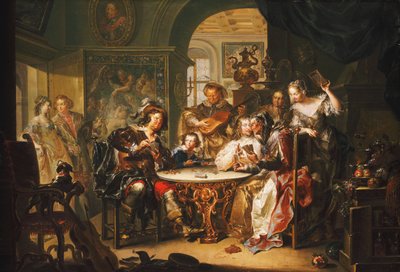 En gentleman, der snyder på Cards med en ældre dame i et overdådigt interiør, af Johann Georg Platzer