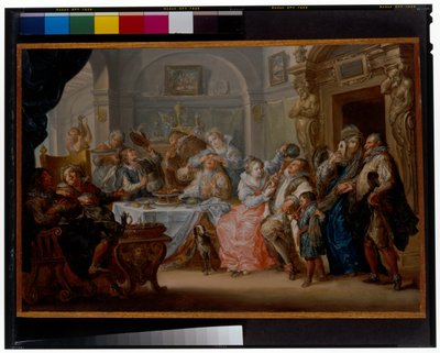 Interiør med elegante figurer i maskeradedragt fest af Johann Georg Platzer