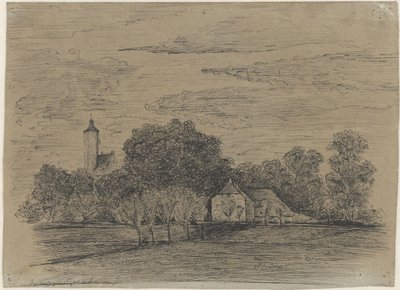 Landskab med gård og tårn af Johann Georg Schwartze (possibly)