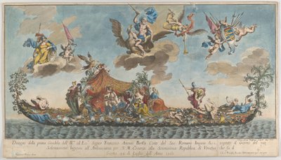 Francesco Antonio Berkas meget udsmykkede første gondol på vej ind i Venedig, Gods on cl..., 1700. af Johann Georg Wolfgang