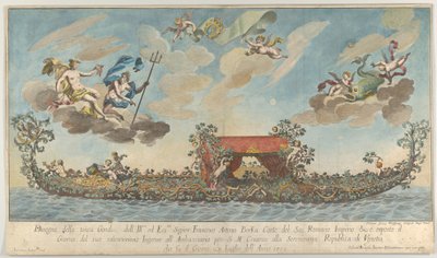 Francesco Antonio Berkas meget udsmykkede tredje gondol på vej ind i Venedig, Gods on cl..., 1700. af Johann Georg Wolfgang